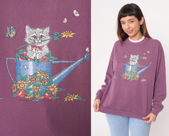 Garden Kitten Sweatshirt 90s Cat Purple Floral Butterfly Strawberries Cotton Crew Neck Long Sleeve Vintage Cottagecore Grandma Mauve Large L