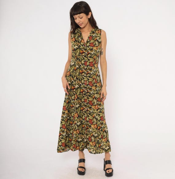 90s Tropical Leaf Maxi Dress Sleeveless Olive Green Black Rust Orange Floral Tie Back Waist Ankle Length Summer Vintage Womens Medium M