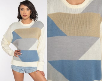 80s Sweater Knit Color Block Sweater Cream Blue Crewneck Sweater Pullover Knit Slouch Hipster 90s Jumper Vintage Retro Large