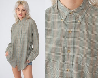 Plaid Shirt 90s Button up Shirt Oxford Retro Grey Peach Checkered Long Sleeve Collared Boyfriend Top Preppy Vintage 1990s Men's Medium M