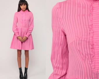 Pink Dress 60s Mod Mini Tuxedo Ruffle Twiggy Long Sleeve 1960s High Waisted Striped Vintage Party Lolita Minidress Small