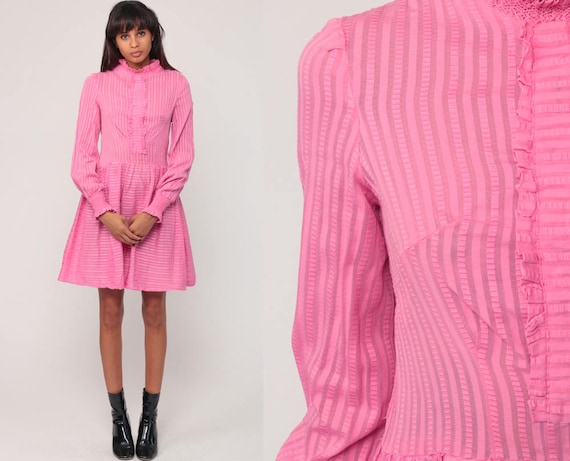 Pink Dress 60s Mod Mini Tuxedo Ruffle Twiggy Long Sleeve 1960s High Waisted Striped Vintage Party Lolita Minidress Small