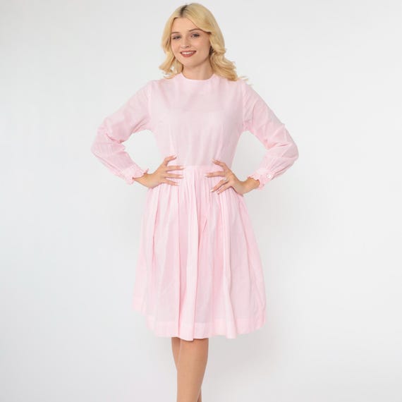 1960s Pink Checkered Dress Vintage Pastel Midi Mad Men 60s Pleated Day Dress Ruffled Long sleeve High Waisted Full Skirt Extra Small xs 0