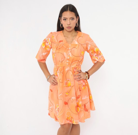 90s Orange Floral Dress Knee Length V Neck Button Front Elastic Waist Short Sleeve Tropical Flower A Line Garden Party Sundress Medium M
