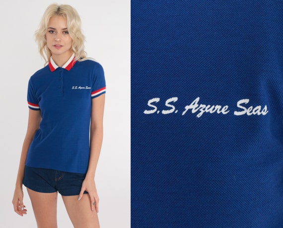 Cruise Polo Shirt 80s Blue Polo SS Azure Seas Striped Collared Shirt Nautical Short Sleeve Sailor Cruise Ship Vintage 1980s Red White Small