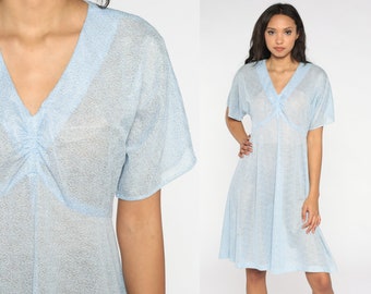 Baby Blue Dress 70s Babydoll Dress Semi-Sheer Dress Mini Dress 1970s Boho Empire Waist V Neck Pastel Vintage Minidress Short Sleeve Medium