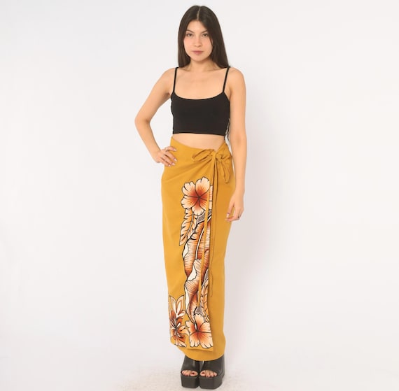 70s Mustard Wrap Skirt Hibiscus Floral Print Long Tie Waist High Waisted Sarong Hawaiian Tropical Orange Hippie Vintage Womens One Size