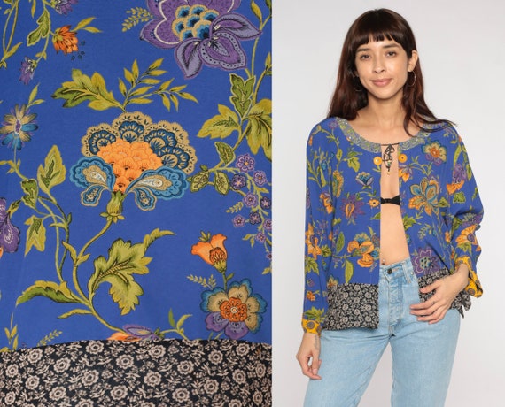 Indian Floral Jacket Y2k Blue Flower Print Robe Top Bohemian Open Tie Front Long Sleeve Boho Hippie Retro Summer Festival Vintage 00s Medium