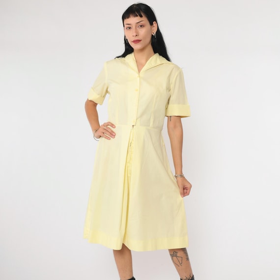 60s Shirtdress Light Yellow Button Up Dress 1960s Midi Dress Pastel Mad Men Shirtwaist Vintage Plain Day Dress High Waist Collared Small