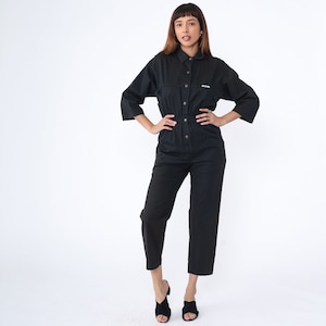 80s Ideas Jumpsuit Black Jumpsuit Button Up Tapered Leg Pants Jumpsuit Utility Boiler Suit Vintage 3/4 Sleeve Romper Pants Cotton Small