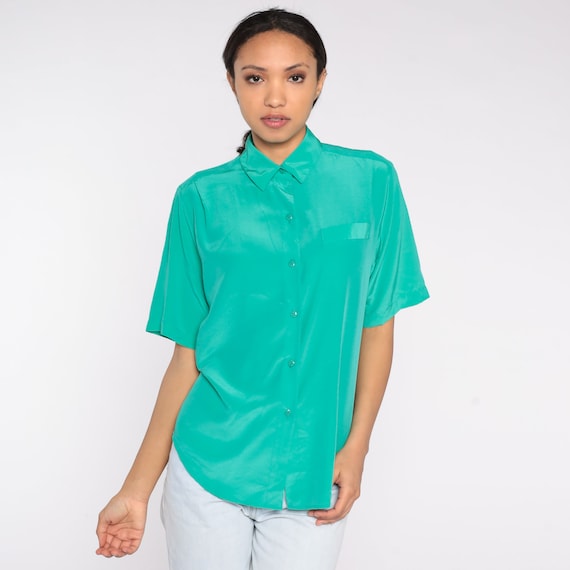 Green Blouse 80s Button Up Top Short Sleeve Collared Shirt Retro Casual Secretary Preppy Hipster Plain Normcore Vintage 1980s Medium 8