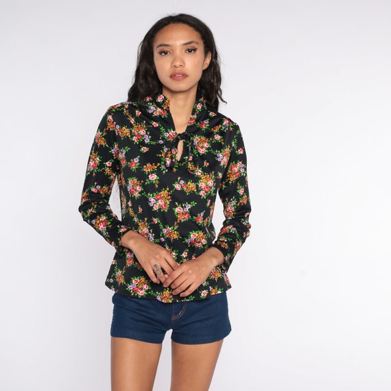 Black Floral Shirt Ascot Blouse 70s Neck Tie Top Vintage Pussy Bow Secretary 1970s Boho Long Sleeve Bohemian Vintage Large L