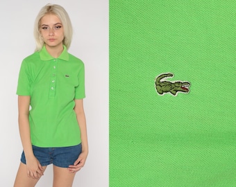 Lime Green Lacoste Polo 80s Brooks Brothers Collared Shirt Crocodile Short Sleeve Top Retro Plain Half Button Up Vintage 1980s Medium M 36