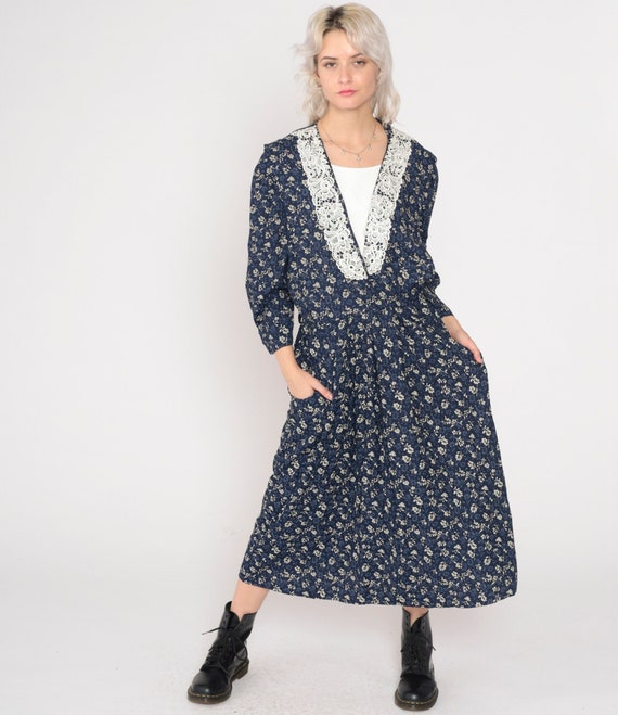 Floral Granny Dress 90s Blue Midi Dress Lace V Neck Layered Secretary Dress Puff Sleeve Flower Print Retro Boho V-Neck Vintage 1990s Medium