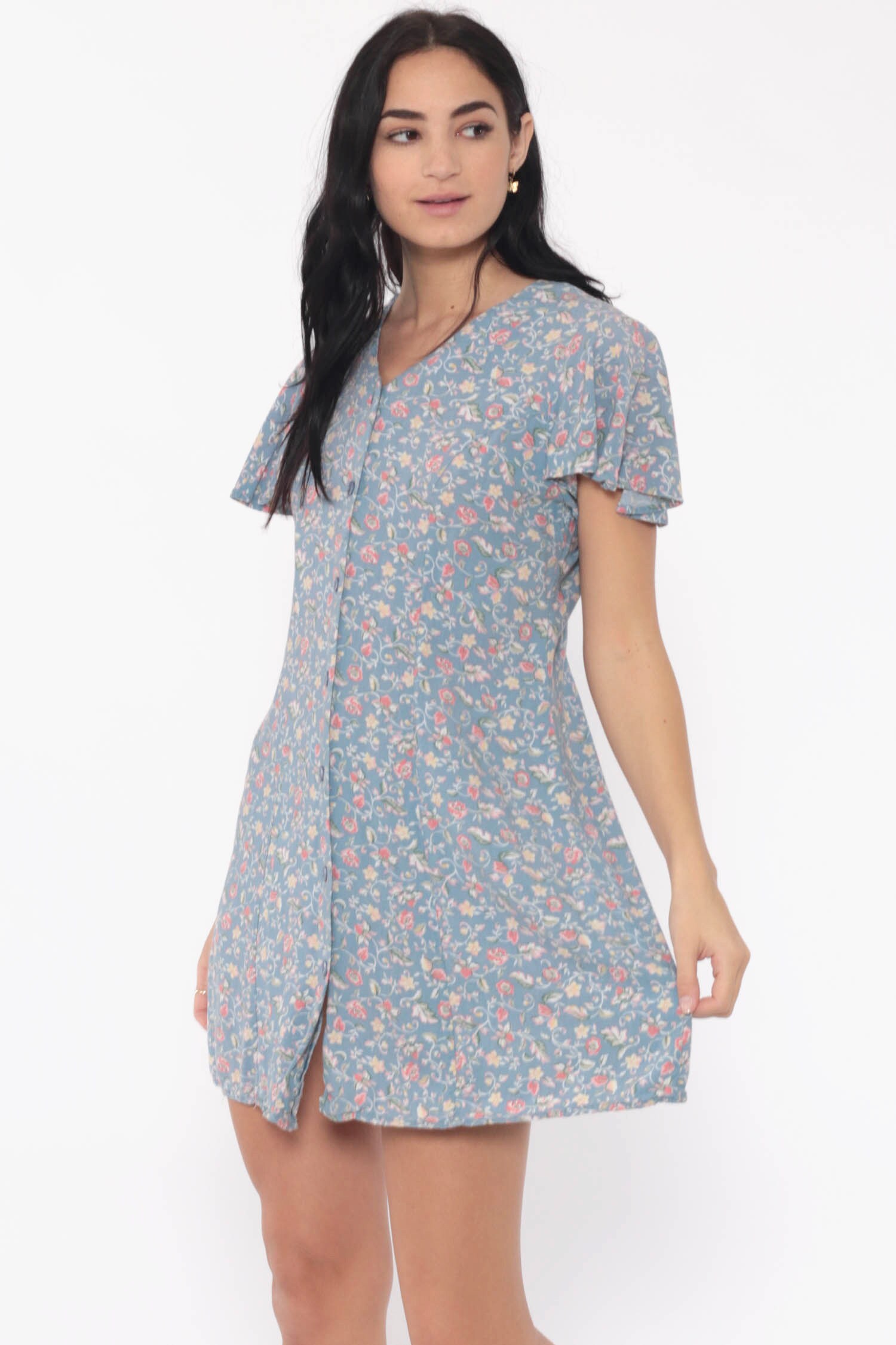 Blue Floral Dress Grunge Mini 90s Flower Print Flutter Sleeve Button Up