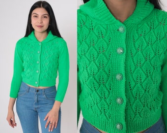 Bright Green Hooded Cardigan 70s Pointelle Knit Button up Cropped Sweater Cutout Crop Top Hoodie Boho Hippie Hood Acrylic Vintage 1970s 2xs