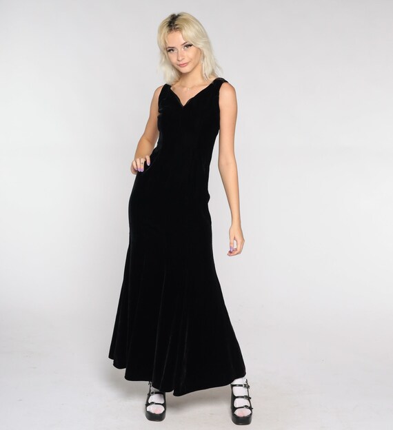 Black Velvet Dress 90s Maxi Dress V Neck Party Dress Long Goth Grunge Sleeveless Sheath 1990s Gothic Vintage Extra Small xs