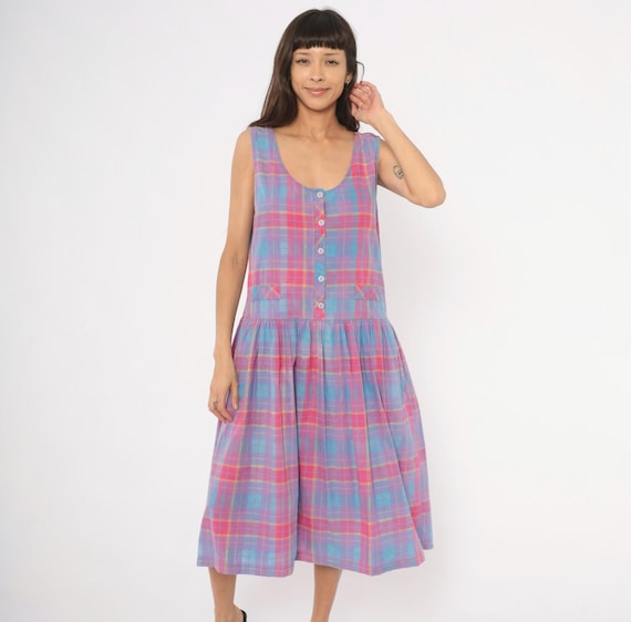90s Plaid Sundress Purple Pink Cotton Sleeveless Drop Waist Gathered Midi Lavender Blue Madras Pocket Detail Prairie Cottage Vintage Large L