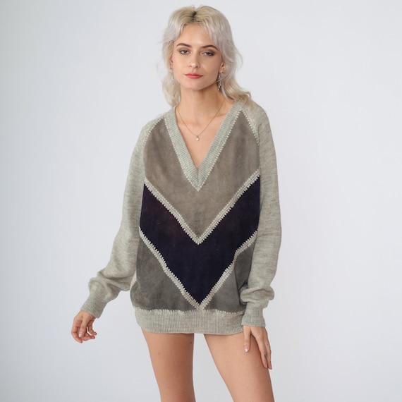 70s Suede Sweater Grey Wool Pullover Knit Sweater Tonal Black Chevron Striped Leather Jumper V-Neck Fall Retro Boho Vintage 1970s Large L