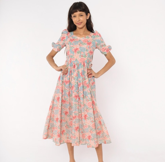 80s Puff Sleeve Floral Midi Dress Pink Blue Cotton Garden Party Sweetheart Neckline Prairie Cottagecore Feminine Rose Extra Extra Small XXS
