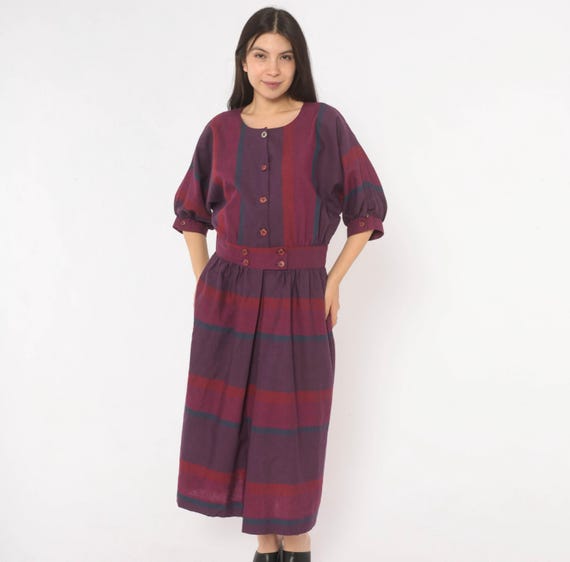 80s Plaid Dress Purple Burgundy Plum Button Front Cotton Puff Sleeve Striped Wine David Warren Vintage Frock Grunge Gothic Dark Large L