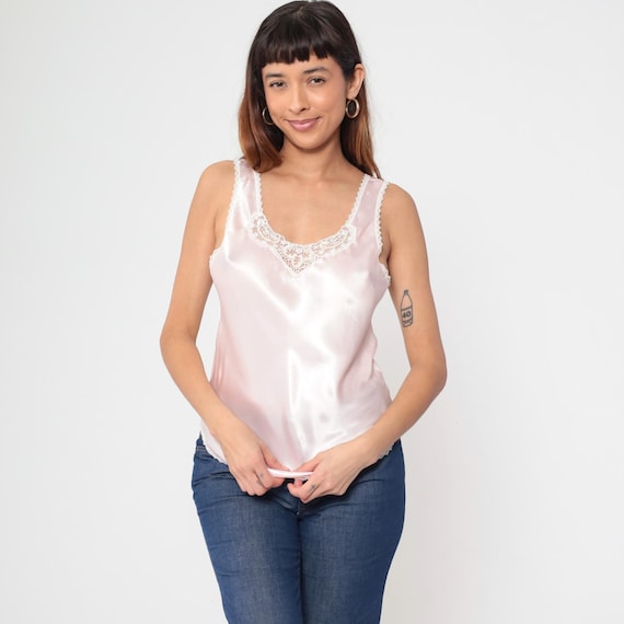 90s Cami Top Baby Pink Floral Embroidered Beaded Lace Camisole Lingerie Sleeveless Satin Sleep Shirt Embossed Pastel Vintage 1990s Medium