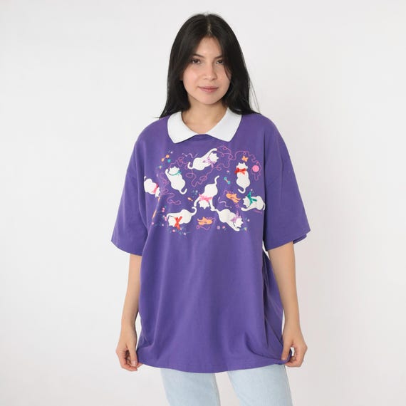 Vintage Cat Shirt 90s Purple Bow Shoelace Graphic Tee Retro Novelty Funny TShirt Animal Collared Tee Single Stitch 1990s Extra Large xl