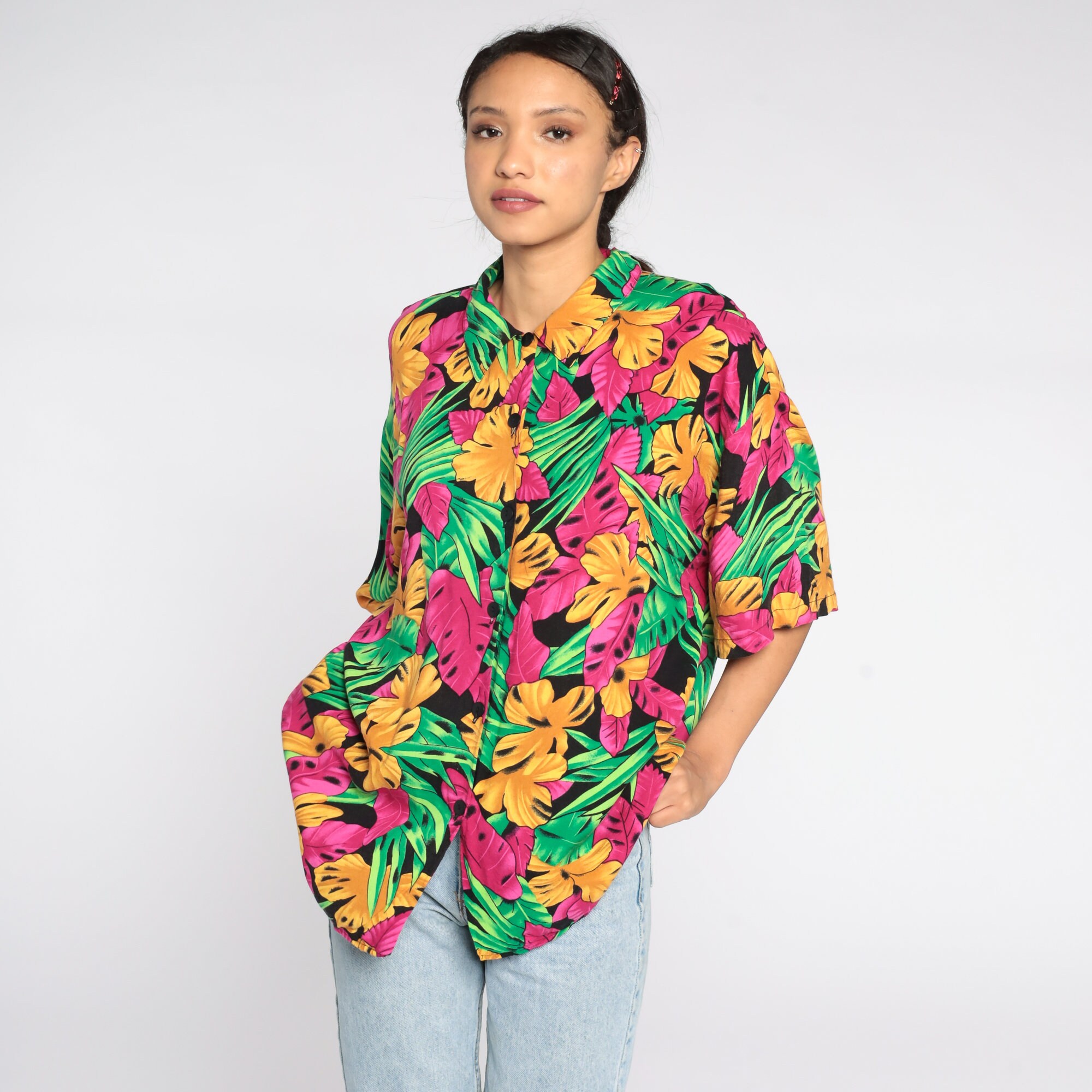 Tropical Jungle Blouse 80s Button Up Short Sleeve Top 1980s Vintage ...