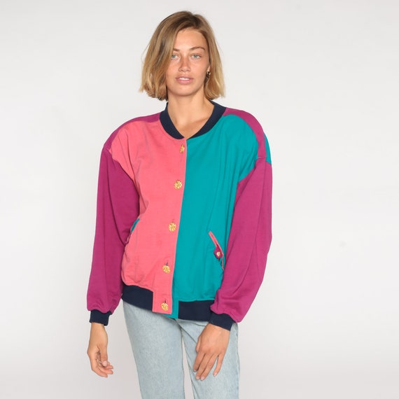 Color Block Cardigan 90s Button Up Sweatshirt Retro Jacket Hipster Pink Purple Green Streetwear Vintage 1990s Cotton Oversize Medium M