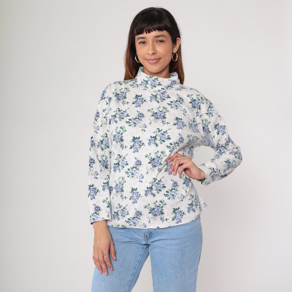 90s Floral Mock Neck Top Blue Rose Print White Cottagecore Vintage Long Sleeve Ribbed Turtleneck   Grunge Boxy Relaxed Fit Casual Large L