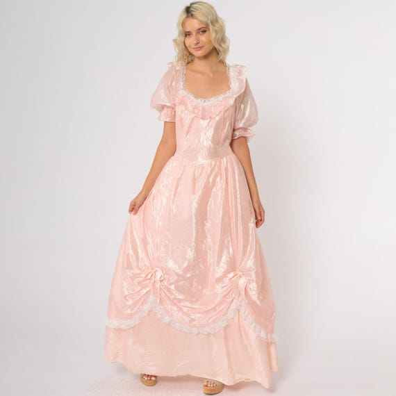 80s Pink Princess Prom Dress Puffy Sleeves Ruffle Lace Trim Bow Detail Maxi Gown Fairy Tale  Baby Pink Formal Party Renaissance Large L