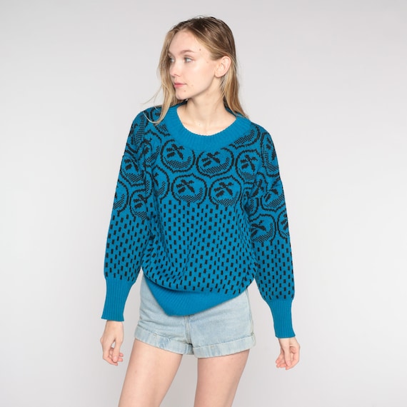 Vintage Fruit Sweater 80s Sweater Black Abstract Dot Jacquard Sweater Pullover 1980s Slouch Acrylic Crewneck Black Medium