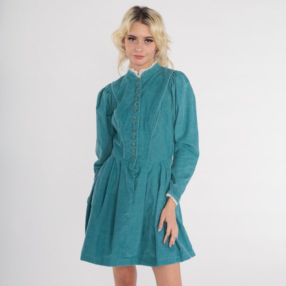 80s Corduroy Dress Blue Mini Austrian Button Up 1980s Puff Sleeve Prairie Dress Preppy Vintage Long Sleeve Tostmann Trachten Extra Small xs