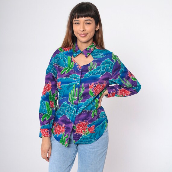 Southwestern Cactus Blouse 90s Keyhole Top Button Up Shirt Western Print Cowgirl Rodeo Cutout Long Sleeve Blue Purple Vintage 1990s Medium 8