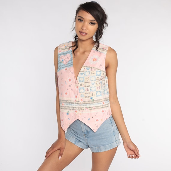 Floral Vest Top Pink Music Note Tank Top 90s Button Up Heart Blouse Bohemian 1990s Festival Sleeveless Medium