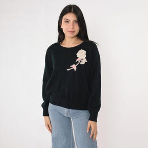 80s Black Flower Sweater Vintage Floral Embroidered Applique Pullover Knit Sweater Romantic Pastel Hippie Bohemian Acrylic Medium M