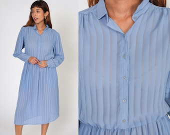 Sheer Periwinkle Dress 80s Midi Shirtwaist Long Puff Sleeve Dress Striped Secretary Shirtdress Button Up 1980s Vintage Plain Blue Medium