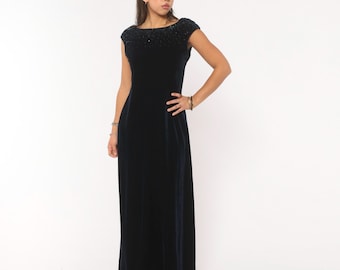 Beaded Velvet Gown 90s Navy Blue Cap Sleeve Boat Neck Embellished Sequin Evening Formal A Line Dark Midnight Dress Cocktail Party Medium M