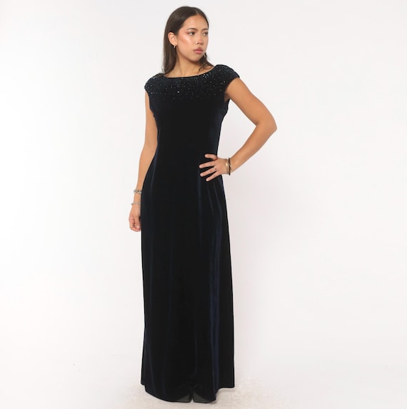 Beaded Velvet Gown 90s Navy Blue Cap Sleeve Boat Neck Embellished Sequin Evening Formal A Line Dark Midnight Dress Cocktail Party Medium M