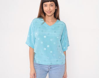 Vintage 90s Trend Basics Polka Dot Pocket T-shirt White Green 