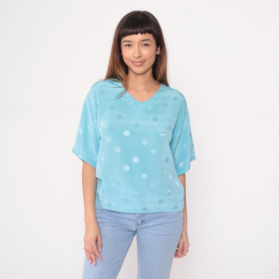 Blue Polka Dot Top 90s Powder V Neck Short Sleeve Vintage Blouse Clean Girl Minimalist Aesthetic Preppy Classic Casual Shirt Medium M