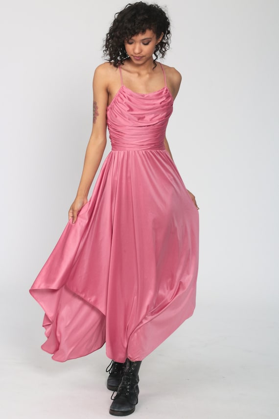 Pink Grecian Dress 1970s Strappy Disco Dress High Low Bohemian Maxi 70s Boho Party Spaghetti Strap Vintage High Waisted Sexy Extra Small xs