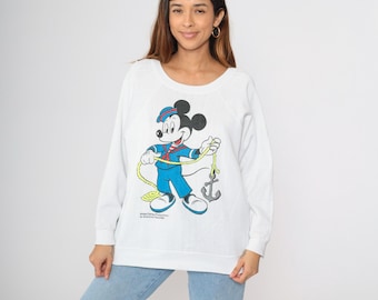 Vintage Mickey Mouse Sweatshirt 80s Nautical Sailor Disney Sweater Disneyland Graphic Shirt Retro Cartoon Raglan Sleeve White 1980s Large