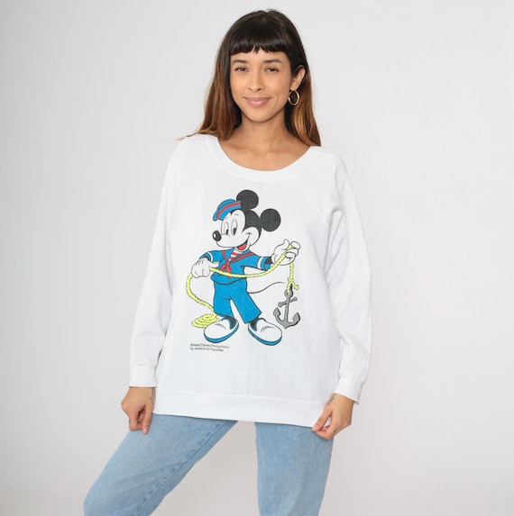 Vintage Mickey Mouse Sweatshirt 80s Nautical Sailor Disney Sweater Disneyland Graphic Shirt Retro Cartoon Raglan Sleeve White 1980s Large