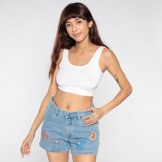 Floral Jean Shorts 90s Denim Shorts Heart Blue Junk Jeans Shorts Boho Hippie Flower Power Painted High Waist Hipster Vintage 1990s Medium 8