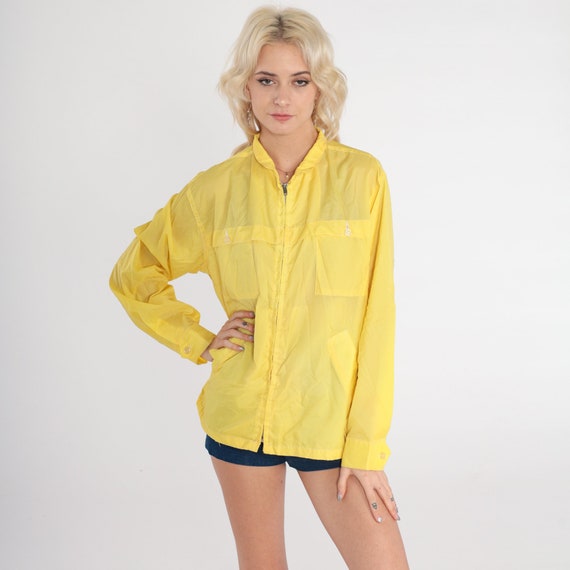 Yellow Raincoat 70s Windbreaker Semi-Sheer Nylon Coat Retro Basic Seventies Lightweight Shell Jacket Light Zip Up Vintage 1970s Medium M