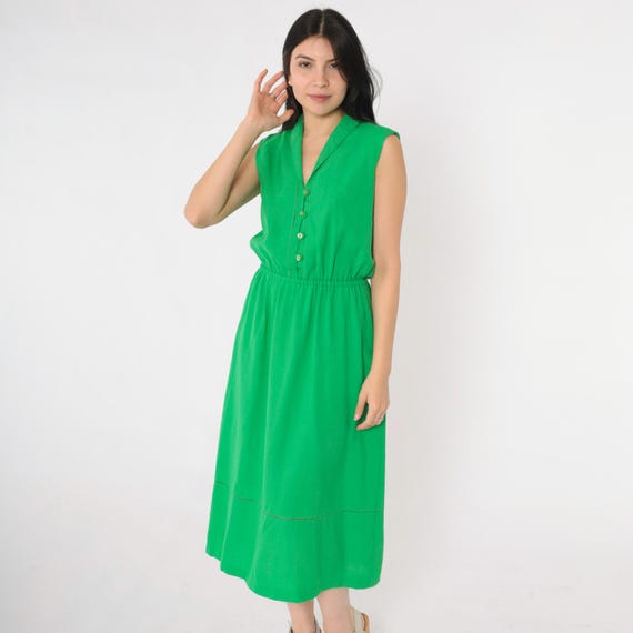 Vintage Green Linen Dress 80s Sleeveless Cut Out Eyelet Collared Button Up Midi Dress High Elastic Waist 1980s Summer Casual Cutwork Small S