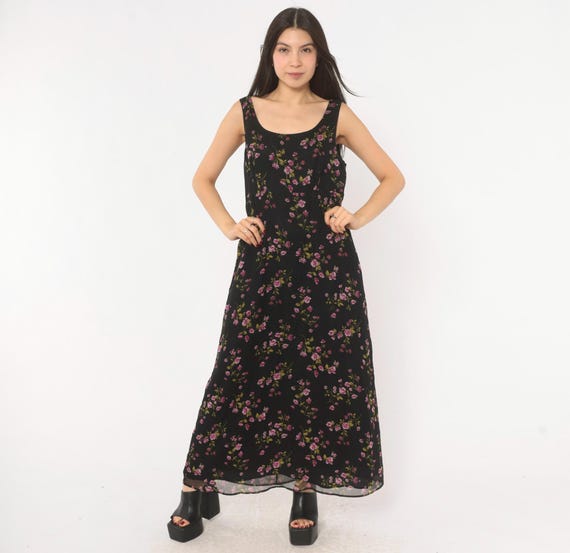 90s Floral Silk Maxi Dress Black Purple Sleeveless Scoop Neck Tank Sheer Chiffon A Line Floor Length Grunge Flower Print Vintage Medium M