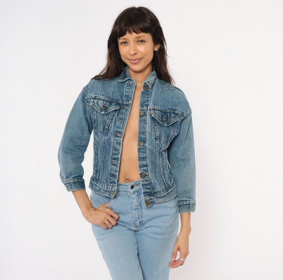 80s Levis Denim Jacket Medium Wash Blue Jean Trucker Cotton Crop Stonewash Grunge Distressed Faded Vintage Western Spring Extra Small XS