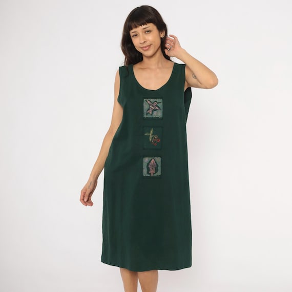 Hummingbird Applique Dress Forest Green Sleeveless Shift Birdhouse Patch Nature Theme Scoop Neck Knee Length Tank 90s Extra large XL